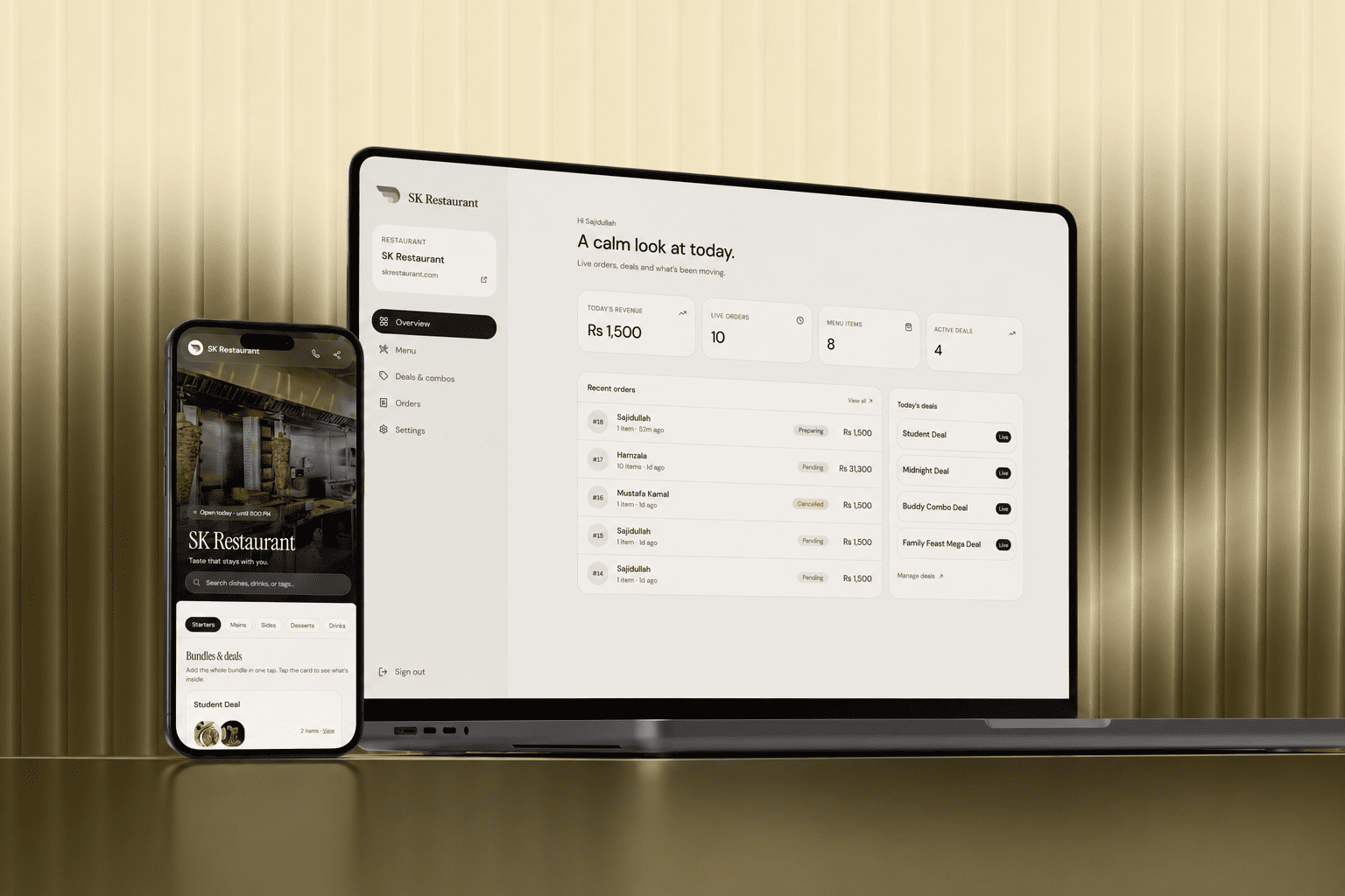 Plato landing page mockup showing restaurant dashboard and public page